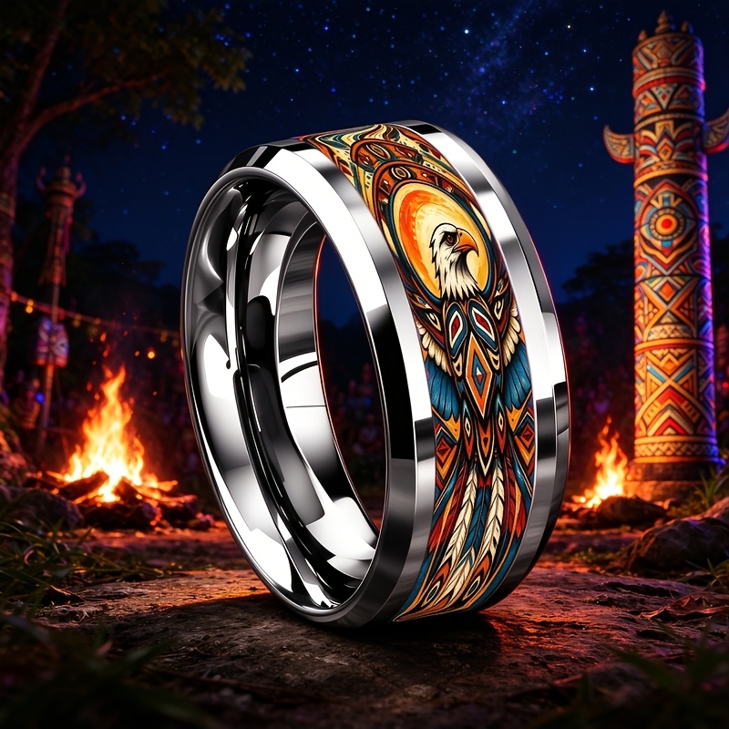 8Mm Stainless Steel Ring with Geometric Eagle Totem Patterns